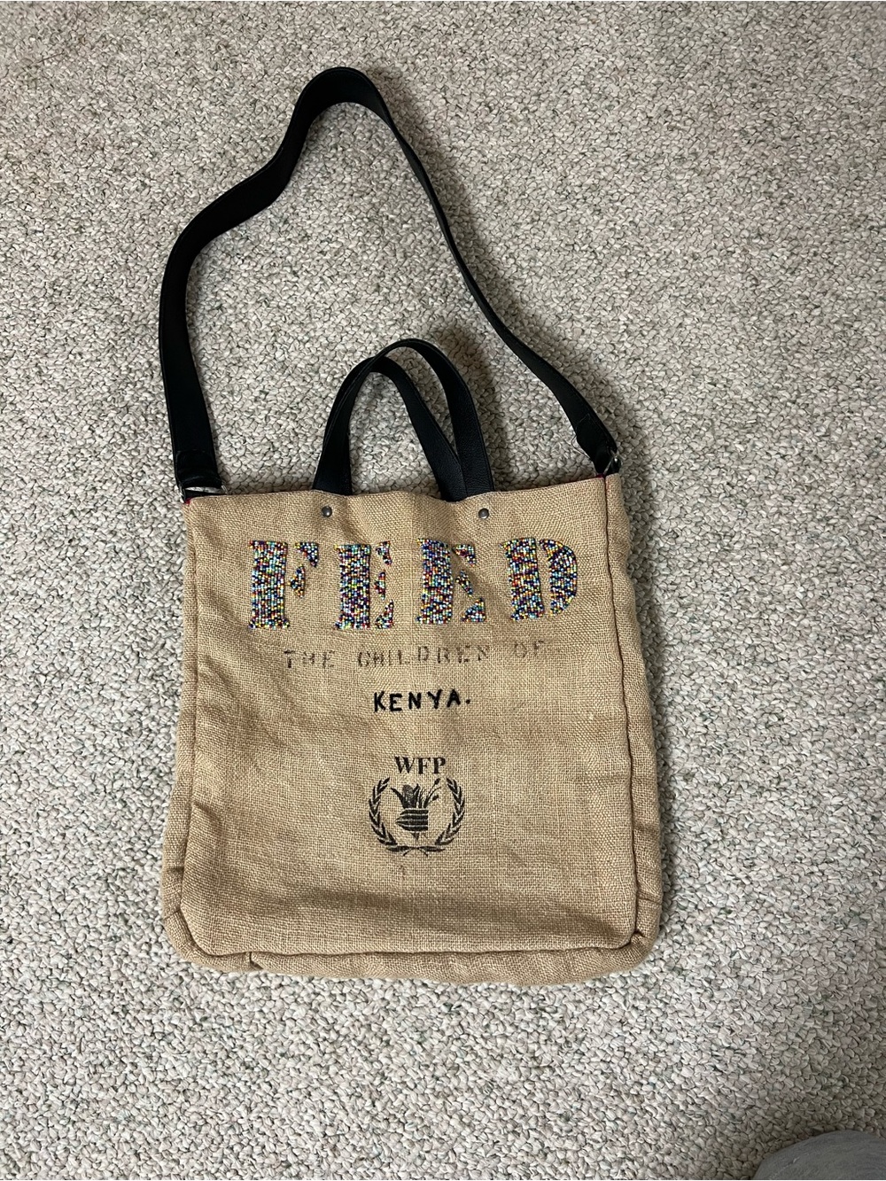Beaded Lettering Kenya Jute Tote with Black Straps